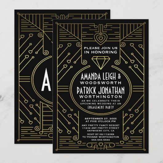 Art Deco  Gold Engagement Party Kaart (Voorkant / Achterkant)