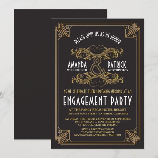 Art Deco  Gold Engagement Party Uitnodigingen (Voorkant / Achterkant)