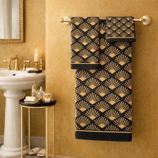 Art Deco Gold Fan Pattern Dark Brown Bad Handdoek