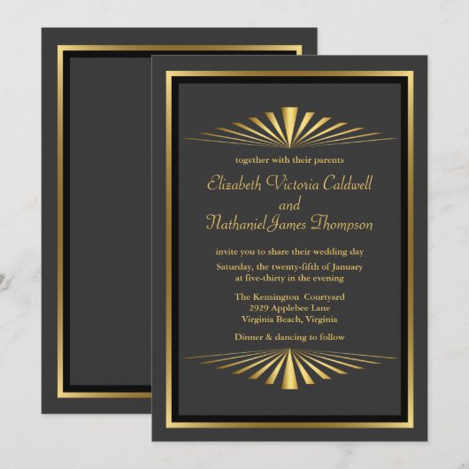 Art Deco Gold Fanfare Weddenschap | zwart Kaart (Voorkant / Achterkant)