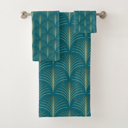 Art Deco Gold Fans op Turquoise Bad Handdoek (Insitu)