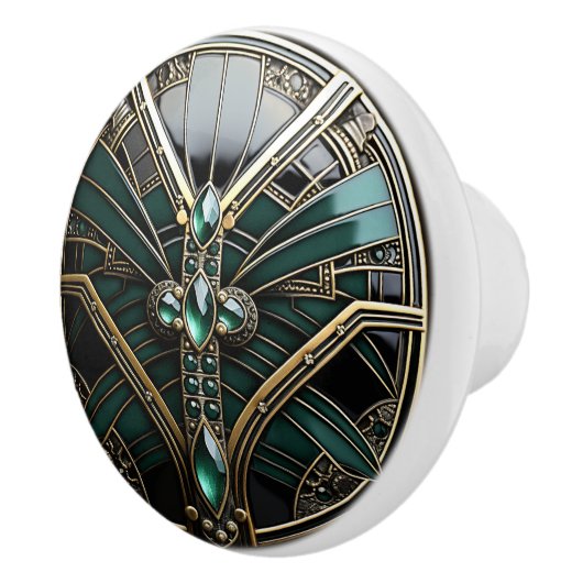 Art Deco Gold Filigree Emerald Green and Black Keramische Knop (Rechts)