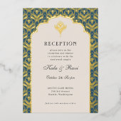 Art Deco Gold Floral Lotus Trouwreceptie Folie Uitnodiging (Voorkant)