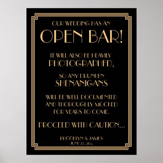 Art Deco Gold Gatsby Black Open Bar 18x24 Poster (Voorkant)