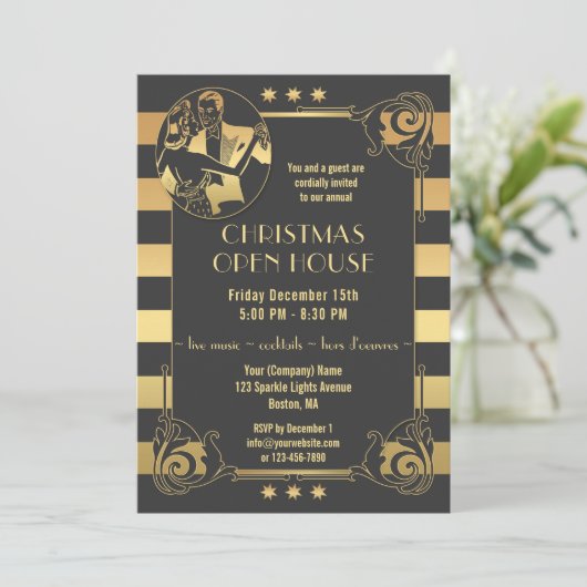 Art Deco Gold Gatsby Feestdagen Uitnodiging (Staand voorkant)