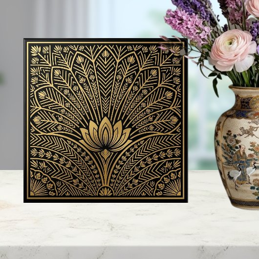 Art Deco Gold Lotus Black Geometric Pattern Tegeltje