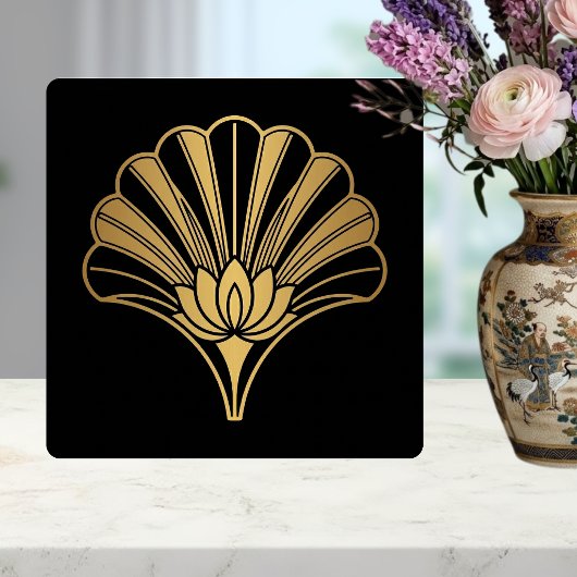 Art Deco Gold Lotus Fan Black Ceramic Tile Tegeltje