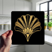 Art Deco Gold Lotus Fan Black Ceramic Tile Tegeltje