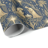 Art Deco Gold Nativity Pattern on Navy Cadeaupapier (Rol Hoek)
