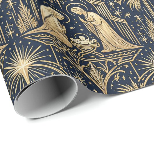 Art Deco Gold Nativity Pattern on Navy Cadeaupapier (Rol Hoek)