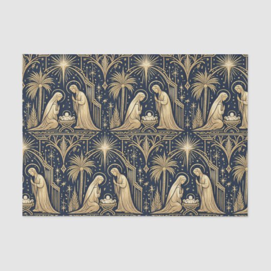Art Deco Gold Nativity Pattern on Navy Tissuepapier (Voorkant)