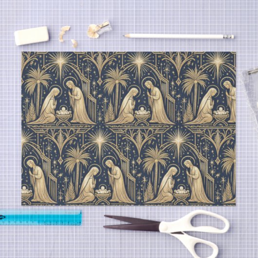 Art Deco Gold Nativity Pattern on Navy Tissuepapier (Craft)