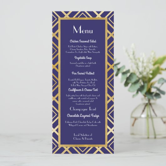 Art Deco Gold Navy Menu Wedding 1920 (Staand voorkant)