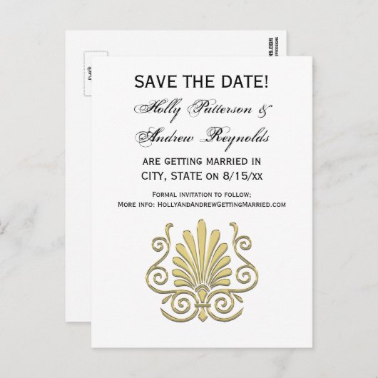 Art Deco Gold Plume Arabesque Aankondigingskaart (Voorkant / Achterkant)