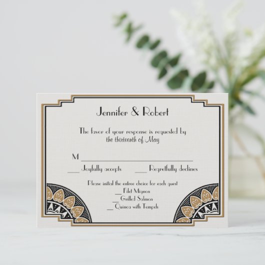 Art Deco Gold Posh Bruiloft Reactie Kaart (Staand voorkant)