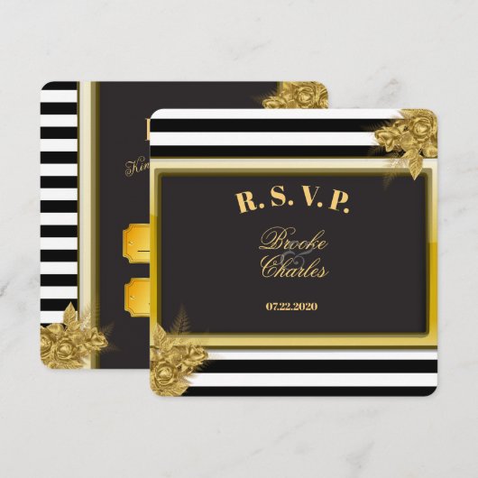 Art Deco Gold Rozen en Stripes Wedding RSVP-Kaarte Kaart (Voorkant / Achterkant)