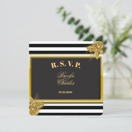 Art Deco Gold Rozen en Stripes Wedding RSVP-Kaarte Kaart (Staand voorkant)