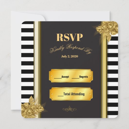 Art Deco Gold Rozen en Stripes Wedding RSVP-Kaarte Kaart (Achterkant)