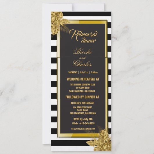 Art Deco Gold Rozen, Stripes Rehearsal Dinner Kaar Kaart (Achterkant)