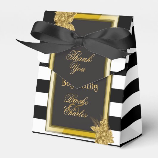 Art Deco Gold Rozen, Stripes Wedding Favor Boxes Bedankdoosjes (Voorkant Zijde)