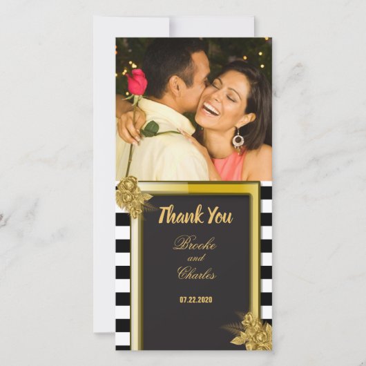 Art Deco Gold Rozen, Stripes Wedding Hartelijk dan Bedankkaart (Voorkant)