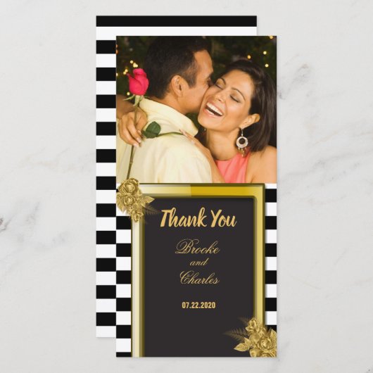 Art Deco Gold Rozen, Stripes Wedding Hartelijk dan Bedankkaart (Voorkant / Achterkant)