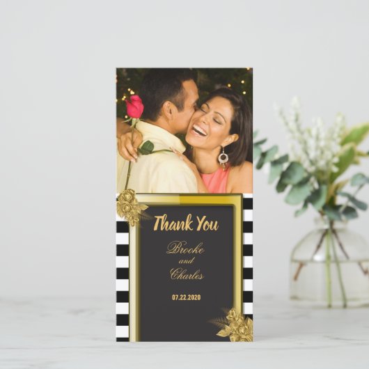 Art Deco Gold Rozen, Stripes Wedding Hartelijk dan Bedankkaart (Staand voorkant)