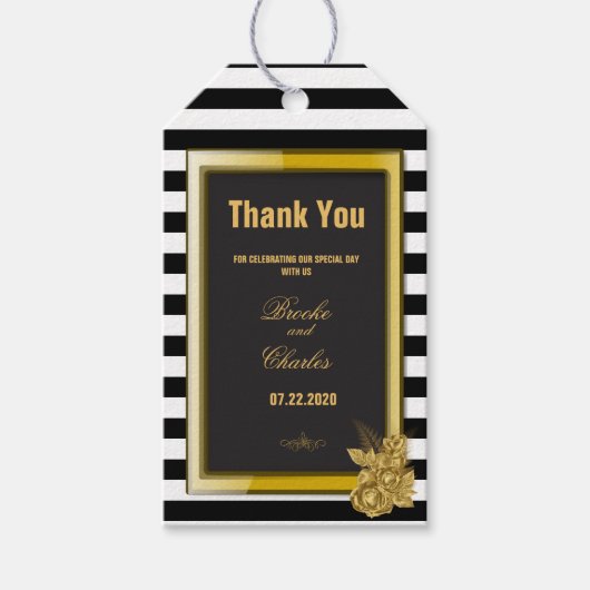 Art Deco Gold Rozen, Stripes Wedding Hartelijk dan Cadeaulabel (Voorkant)