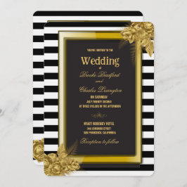 Art Deco Gold Rozen & Stripes Wedding Invitations Kaart