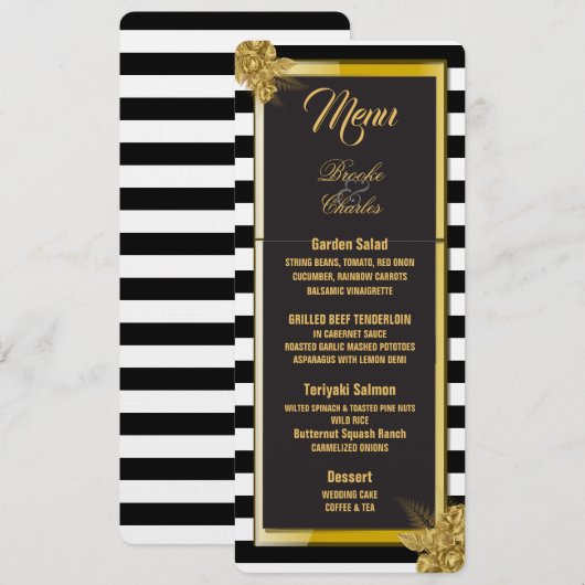 Art Deco Gold Rozen, Stripes Wedding Menu Kaart (Voorkant / Achterkant)