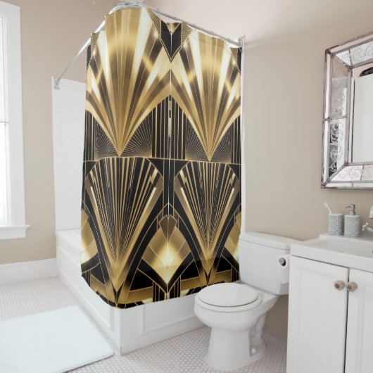 Art Deco Gold Sunburst Black Gold Geometric Luxury Douchegordijn (In situ)