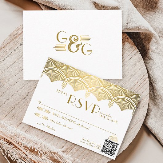  Art Deco Gold Unieke QR Code Trouwen RSVP Kaartje