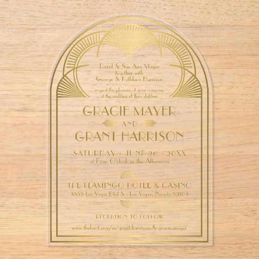  Art Deco Gold Unieke Retro Boog Huwelijk Acryl Uitnodigingen (Voorkant)