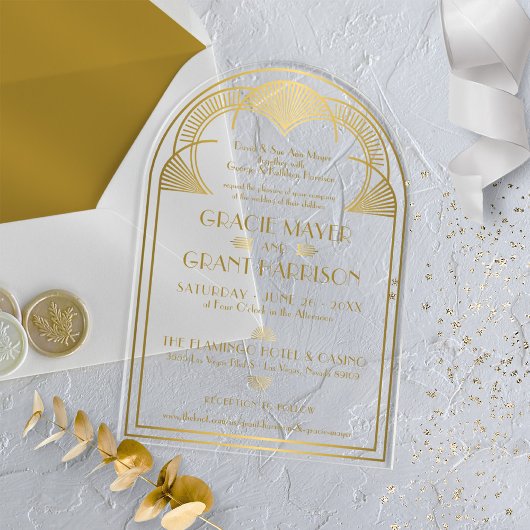 Art Deco Gold Unieke Retro Boog Huwelijk Acryl Uitnodigingen
