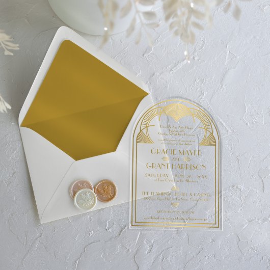 Art Deco Gold Unieke Retro Boog Huwelijk Acryl Uitnodigingen