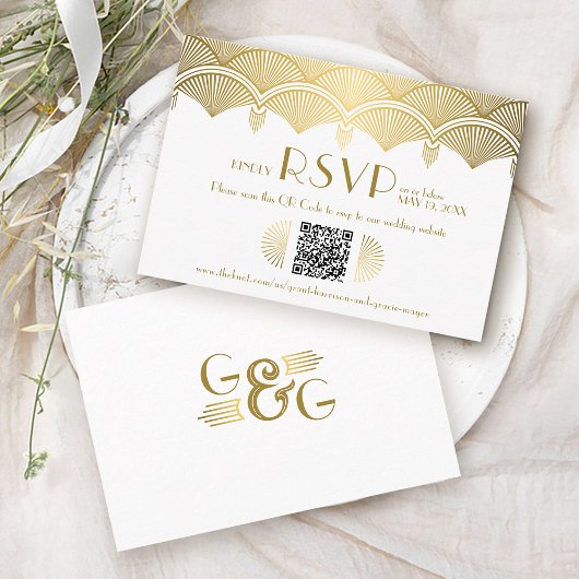  Art Deco Gold Wedding QR Code RSVP Informatiekaartje