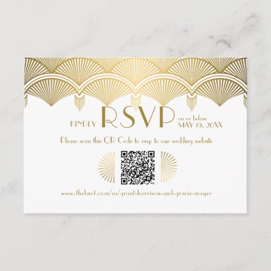  Art Deco Gold Wedding QR Code RSVP Informatiekaartje (Voorkant)