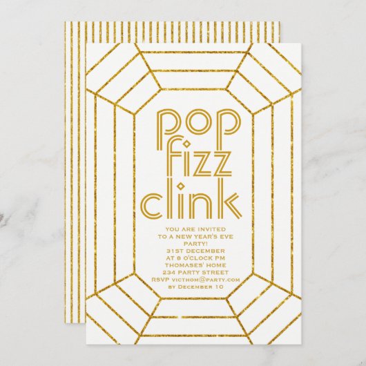 Art Deco Gold White pop fizz: nieuwjaarsfeest Kaart (Voorkant / Achterkant)
