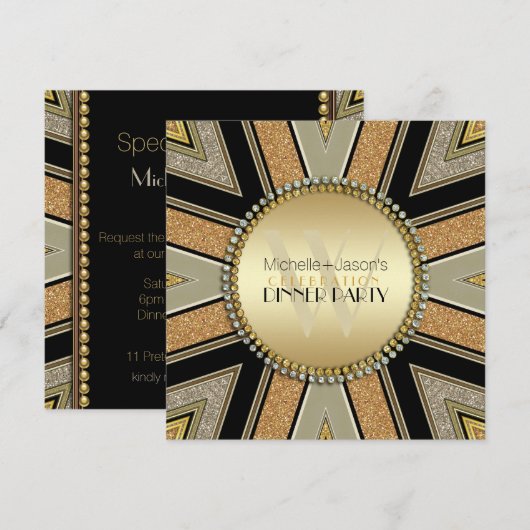 Art Deco Golden Glitter Dinner Party Uitnodiging (Voorkant / Achterkant)
