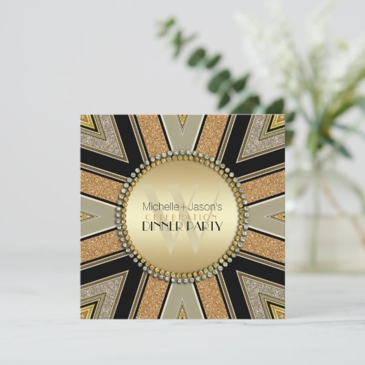 Art Deco Golden Glitter Dinner Party Uitnodiging (Staand voorkant)