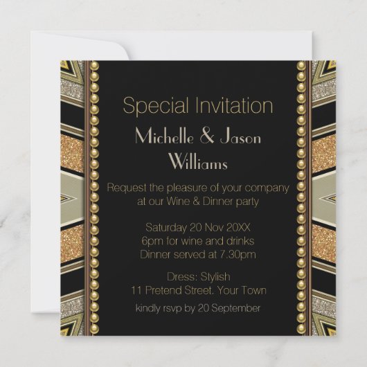 Art Deco Golden Glitter Dinner Party Uitnodiging (Achterkant)