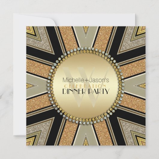Art Deco Golden Glitter Dinner Party Uitnodiging (Voorkant)