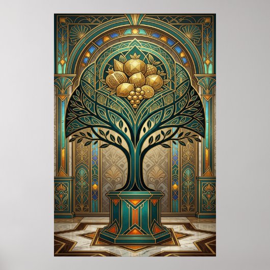 Art Deco Golden Harvest Fruit Tree Gold Teal Poste Poster (Voorkant)