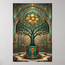 Art Deco Golden Harvest Fruit Tree Goud Teal Poste Poster