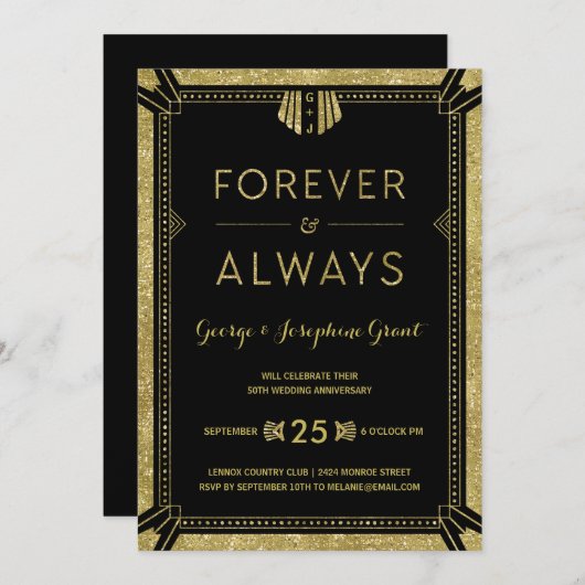 Art Deco | Golden Jubileum Party Kaart (Voorkant / Achterkant)