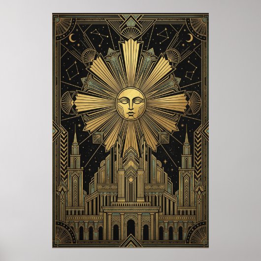 Art Deco Golden Sun Face Palace Poster | Celestial (Voorkant)