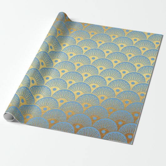 Art Deco Golden Waves Seashells Blue Pastel Vip Cadeaupapier (Uitgerold)
