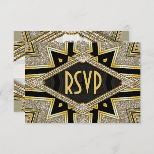 Art Deco Goldy Diamonds Wedding RSVP Kaarten (Voorkant / Achterkant)