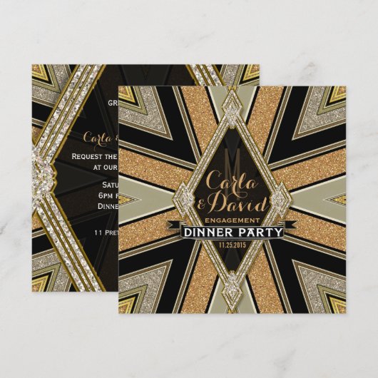 Art Deco Goldy Verloving Dinner Party Uitnodiginge Kaart (Voorkant / Achterkant)