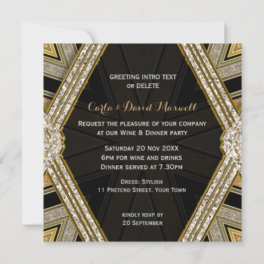 Art Deco Goldy Verloving Dinner Party Uitnodiginge Kaart (Achterkant)